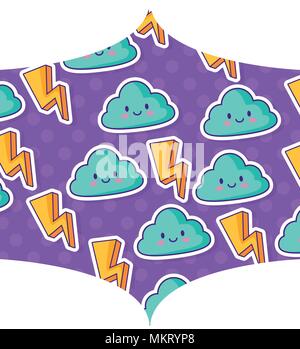 Dekorative Rahmen mit Blitz und kawaii Wolken Muster auf weißem Hintergrund, farbenfrohen Design. Vector Illustration Stock Vektor