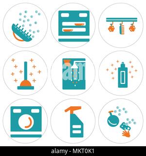 Satz von 9 einfache editierbare Ikonen wie Seife, Spray, Waschmaschine, Sahne, Dusche, Kolben, Schwamm, Spülmaschine, Pinsel, kann für mobile, Web verwendet werden. Stock Vektor