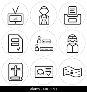 Satz von 9 einfache editierbare Symbole wie Fahne, Stimmzettel, Bibel, Geschäftsmann, Ergebnisse, Kellner, Fernsehen, für mobile verwendet werden können, Web Stock Vektor