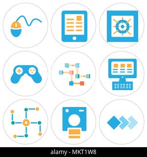Satz von 9 einfache editierbare Symbole wie Ebenen, Polaroid, Networking, Laptop, Schaltungen, Gamepad, Kühler, Ereader, Maus, können für mobile, Web verwendet werden. Stock Vektor