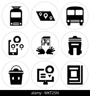 Satz von 9 einfache editierbare Ikonen wie Bibliothek, Karte, Lunchbox, Bin, Haus, Bushaltestelle, Straßenbahn, kann für mobile, Web verwendet werden. Stock Vektor
