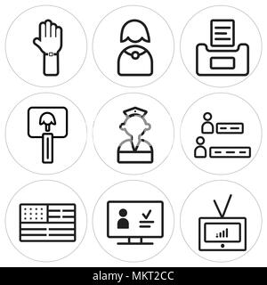 Satz von 9 einfache editierbare Symbole wie Fernsehen, Stimmzettel, Vereinigte Staaten von Amerika, Ergebnisse, Polizei, Abstimmung, Nonne, können für mobile, Web verwendet werden. Stock Vektor