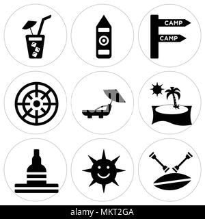 Satz von 9 einfache editierbare Ikonen wie Kanu, lachende Sonne, Großen Buddha von Thailand, Strand, Sonnenuntergang, Sonnenschirm und Liegestuhl, Helm, Camp, Big Ben, S Stock Vektor