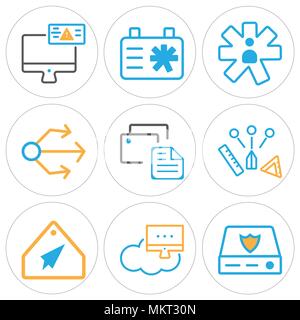 Satz von 9 einfache editierbare Ikonen wie Server, Netzwerk, Tag, Zwischenablage, USB, Benutzer, Monitor, kann für mobile, Web verwendet werden. Stock Vektor
