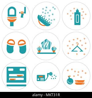 Satz von 9 einfache editierbare Ikonen wie Spülmaschine, Durchlauferhitzer, Kleiderbügel, Spiegel, Flip Flops, Sahne, Bürste, Wc, können für mobile, Web verwendet werden. Stock Vektor