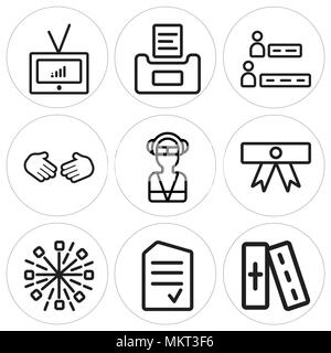 Satz von 9 einfache editierbare Ikonen wie Bibel, Stimmzettel, Feuerwerk, Diplom, Soldat, Deal, Ergebnisse, Fernsehen, für mobile verwendet werden können, Web Stock Vektor