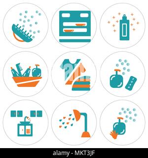 Satz von 9 einfache editierbare Ikonen wie Seife, Dusche, Küche, Mode, Regal, Creme, Spülmaschine, Pinsel, kann für mobile, Web verwendet werden. Stock Vektor