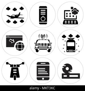 Satz von 9 einfache editierbare Ikonen wie CD-Player, Ebook, Mobilität, Zug, Remote Fahrzeug, Internet, Wettervorhersage, Netzschalter, Flugzeug, können u Stock Vektor