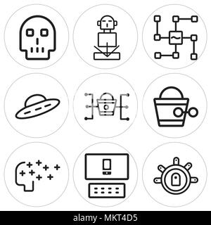 Satz von 9 einfache editierbare Ikonen wie Teleportation, entgegenkommend, Künstliche Intelligenz, Steampunk, Marketing, Ufo, Spracherkennung, Hologramm, Art. Stock Vektor
