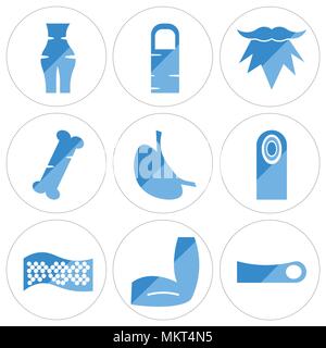 Satz von 9 einfache editierbare Ikonen wie menschlichen Zehe, Männer Winkelstück, Cellulite, Fingerabdruck, Magen mit Flüssigkeiten, Knochen, Bart, Finger, Abdomen, kann verwendet werden, um f Stock Vektor