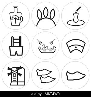 Satz von 9 einfache editierbare Ikonen wie Verstopfen, Schuhe, Windmühle, ägyptischen, Pasta, Hosen, Tee, Native American, Sirup, können für mobile, Web verwendet werden. Stock Vektor