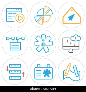 Satz von 9 einfache editierbare Ikonen wie grafische Tool, Zwischenablage, Server, Laptop, Benutzer, Datei, Tag, Tortendiagramm, Video Player, kann für mobile, Web verwendet werden. Stock Vektor