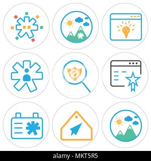 Satz von 9 einfache editierbare Symbole wie Bild, Tag, Zwischenablage, Browser, Schild, User, Einstellungen, können für mobile, Web verwendet werden. Stock Vektor