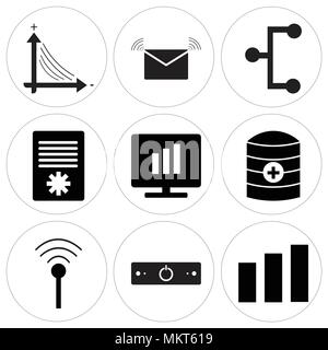 Satz von 9 einfache editierbare Ikonen wie Grafik, Ausschalten, WLAN, Server, Computer, Dokument Einstellungen, Netzwerk, E-Mail, Analyse kann für Mo verwendet werden. Stock Vektor