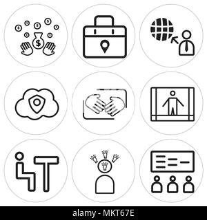 Satz von 9 einfache editierbare Symbole wie Präsentation, Rede, Konferenz, Risiko, Händedruck, Daten, Global, Platzhalter, Geschäft, für mobile verwendet werden, wir Stock Vektor