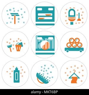 Satz von 9 einfache editierbare Ikonen wie Bügel, Pinsel, Sahne, Bleichen, Waschmaschine, WC, Spülmaschine, Reinigung, können für mobile, Web verwendet werden. Stock Vektor