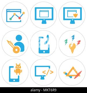 Satz von 9 einfache editierbare Symbole wie Stift, Monitor, Smartphone, Idee, Benutzer, Browser, Analytik, können für mobile, Web verwendet werden. Stock Vektor