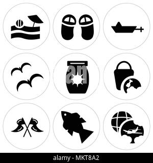 Satz von 9 einfache editierbare Ikonen wie Reisen, Fisch mit vier Blasen, zwei Flaggen, Sand Eimer, Sonnencreme, drei Möwen, Boot, Flip Flops, Beach View Stock Vektor