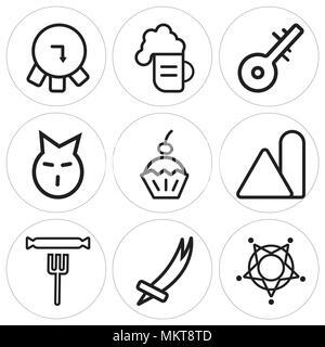 Satz von 9 einfache editierbare Ikonen wie Sheriff, Schwert, Wurst, Soße, Torte, Cat, Instrument, Bier, Barrel, können für mobile, Web verwendet werden. Stock Vektor