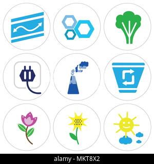 Satz von 9 einfache editierbare Ikonen wie Sun lächelnd, Sonnenblumen mit Blatt, große Blume Papelera, Industrieanlagen, Netzstecker, Baum, Wabe, Straße M Stock Vektor