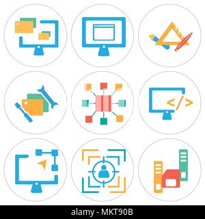 Satz von 9 einfache editierbare Symbole, wie Disketten, Target, Grafik de, Monitor, Größe, Ordner, Pen, Browser, können für mobile, Web verwendet werden. Stock Vektor