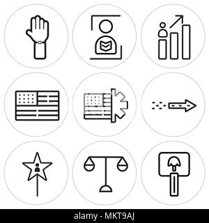 Satz von 9 einfache editierbare Ikonen wie Abstimmung, Balance, Feuerwerk, Abzeichen, Vereinigte Staaten von Amerika, Ergebnisse, Zeitung, können für mobile, Web verwendet werden. Stock Vektor