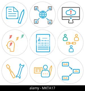 Satz von 9 einfache editierbare Ikonen wie Datei-, Vertrags-, Einstellungen, Benutzer, Curriculum, Denken, Monitor, Netzwerk, Zwischenablage, kann für mobile verwendet werden, Stock Vektor