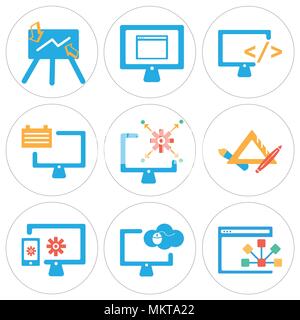 Satz von 9 einfache editierbare Ikonen wie Browser, Computer, Laptop, Stift, Monitor, Präsentation, können für mobile, Web verwendet werden. Stock Vektor