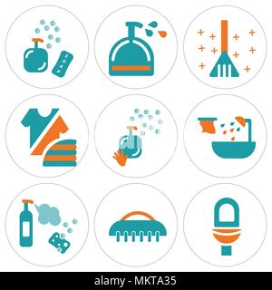 Satz von 9 einfache editierbare Ikonen wie Wc, Pinsel, Spray, Badewanne, Seife, Mode, Kehrblech, Handwäsche, können für mobile, Web verwendet werden. Stock Vektor