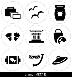 Satz von 9 einfache editierbare Symbole wie Stroh Hut, Taucher Schnorchel und Brille, Fisch am Grill, Sand Eimer, chinesische Tempel, zwei Schläger, Sonnencreme, T Stock Vektor