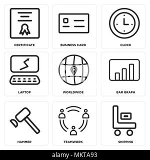 Satz von 9 einfache editierbare Ikonen wie Versand, Teamarbeit, Hammer, Balkendiagramm, Weltweit, Laptop, Uhr, Business Card, Zertifikat, kann für Mo verwendet werden. Stock Vektor