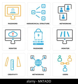 Satz von 9 einfache editierbare Symbole, z. B. Benutzer, Networking, Kreativität, Monitor, ein Kennwort, eine hierarchische Struktur, kann für mobile, Web verwendet werden. Stock Vektor