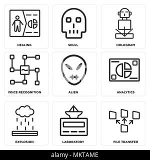 Satz von 9 einfache editierbare Ikonen wie File Transfer, Labor, Explosion, Analytik, Alien, Spracherkennung, Hologramm, Schädel, Heilung, können verwendet werden. Stock Vektor