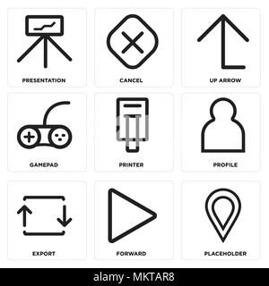 Satz von 9 einfache editierbare Ikonen wie Platzhalter, Vorwärts, Export, Profil, Drucker, Gamepad, Pfeil, Abbrechen, Präsentation, können für mobile verwendet werden. Stock Vektor