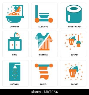 Satz von 9 einfache editierbare Ikonen wie Eimer, Handtuch, Kleidung, Dusche, Waschbecken, WC-Papier, Reinigung, Wäscherei, können für mobile, Web verwendet werden. Stock Vektor