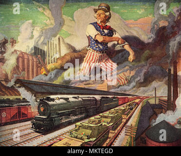 Uncle Sam stehend über Eisenbahn, Tanks, und Fabriken Stockfoto