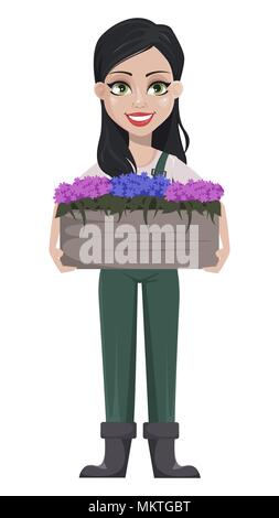 Gärtner Frau, zeichentrickfigur in Uniform. Schöne Bauernmädchen mit großen Topf mit Blumen. Vector Illustration auf weißem Hintergrund. Stock Vektor