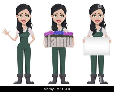 Gärtner Frau, zeichentrickfigur in Uniform, der drei Posen. Schöne Bauernmädchen winkende Hand, großen Topf Blumen und Holding leer pl Stock Vektor
