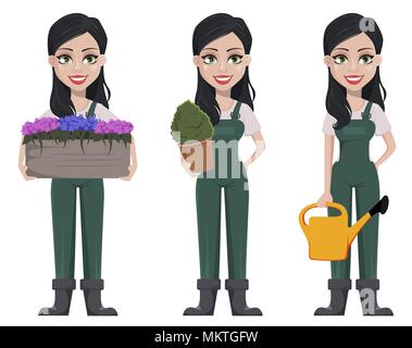 Gärtner Frau, zeichentrickfigur in Uniform, der drei Posen. Schöne Bauernmädchen Holding großen Topf Blumen, Topf mit grünen Pflanzen und Stock Vektor