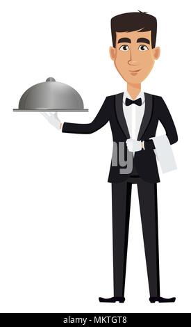 Stattliche Kellner tragen eines professionellen Uniform. Fröhliche Zeichentrickfigur holding Restaurant cloche. Das Personal im Restaurant. Vector Illustration. Stock Vektor