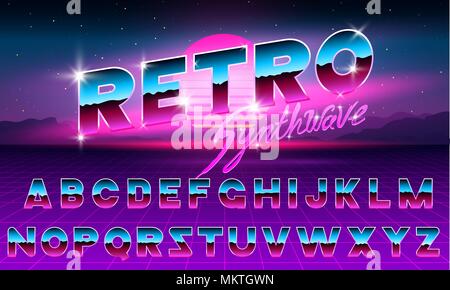 80 s Lila Neon retro Font. Futuristischen Metall Chrom Buchstaben. Helle Schrift auf dunklem Hintergrund. Licht Symbole Zeichen für Nacht Show im Club. Konzept der Galaxie. Satz von Typen. Skizzierte Version. Stock Vektor