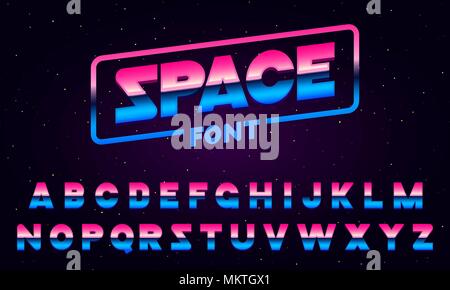 80 s Lila Neon retro Font. Futuristischen Metall Chrom Buchstaben. Helle Schrift auf dunklem Hintergrund. Licht Symbole Zeichen für Nacht Show im Club. Konzept der Galaxie. Satz von Typen. Skizzierte Version. Stock Vektor