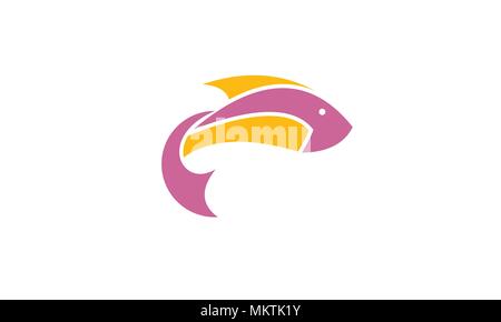 Fisch, Symbol logo Vector Illustration Grafik Design. Fisch Symbol logo mit Gelb und Lila Farbe auf weißem Hintergrund. Stock Vektor
