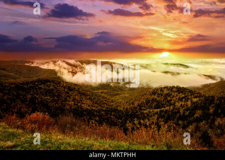 Am frühen Morgen Nebel setzt sich in den Tälern der Berge entlang der Blue Ridge Parkway in Western North Carolina auf einem knackigen Herbst Oktober Tag. Stockfoto