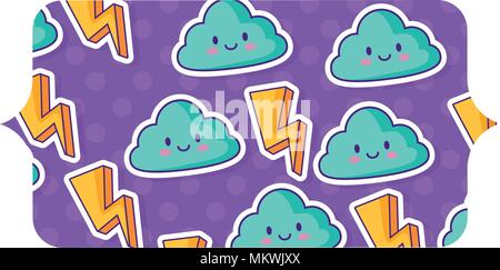 Banner mit Blitz und kawaii Wolken Muster auf weißem Hintergrund, farbenfrohen Design. Vector Illustration Stock Vektor