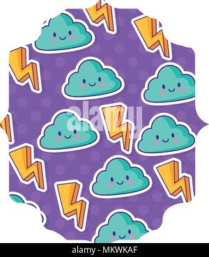 Dekorative arabisch Rahmen mit Blitz und kawaii Wolken Muster auf weißem Hintergrund, farbenfrohen Design. Vector Illustration Stock Vektor