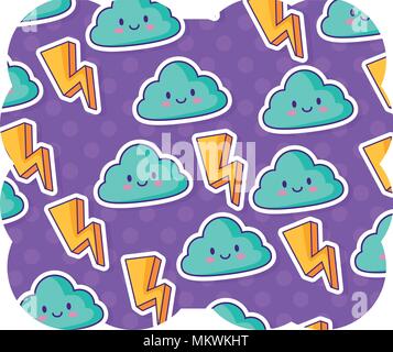 Dekorative Rahmen mit Blitz und kawaii Wolken Muster auf weißem Hintergrund, farbenfrohen Design. Vector Illustration Stock Vektor