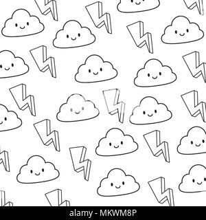 Hintergrund des Blitzes und kawaii Wolken Muster, Vector Illustration Stock Vektor