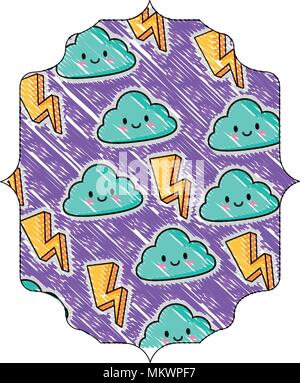 Dekorative arabisch Rahmen mit Blitz und kawaii Wolken Muster auf weißem Hintergrund, farbenfrohen Design. Vector Illustration Stock Vektor