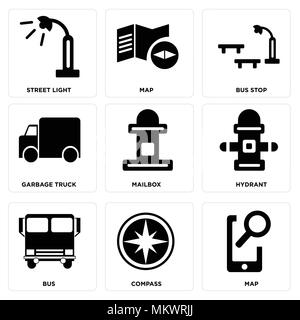 Set Of 9 simple editable icons such as Map, Compass, Bus, Hydrant, Mailbox, Garbage truck, Bus stop, Street light, can be used for mobile, web Stock Vektor